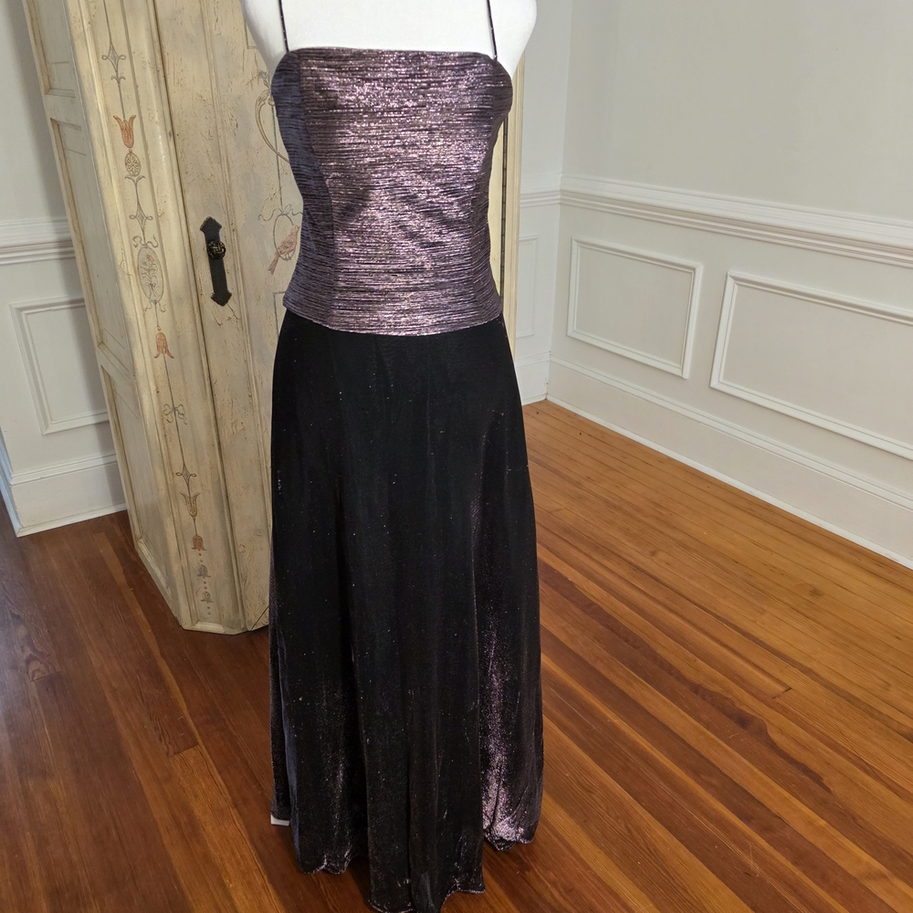 Betsy & Adam Metallic Purple and Black Gown